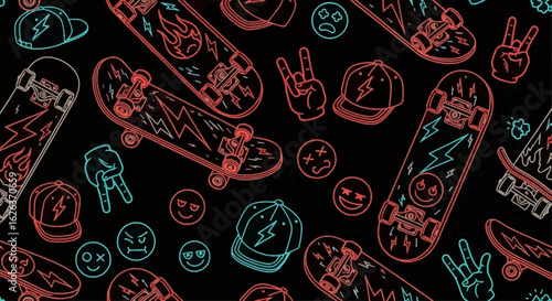 Vector Modern Line Art SVG Illustration of Skateboards with Emojis and Accessories in Bright Colors