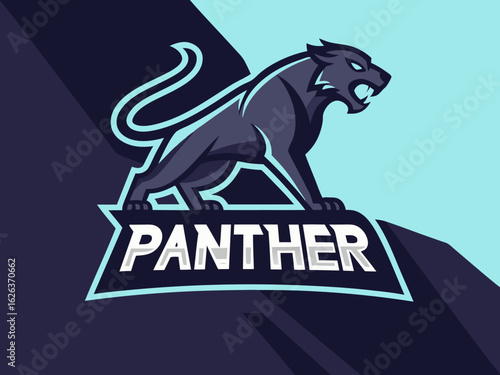 Powerful black panther silhouette, poised and ready. A bold, stylized silhouette of a black panther, standing alert on a stylized hilltop.