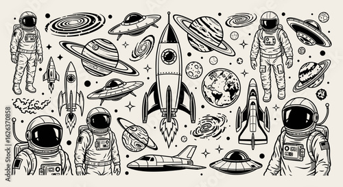 Minimalist Vector SVG Illustration of Space Scene with Astronauts Planets Rockets and Stars in Monochrome Style for Web and Digital Design