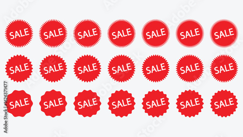 Set of red starburst sale tags, sale stickers, red price label, discount sticker pack, discount label bundle, promo badge collection. Price sticker icons, vintage sunburst circle labels