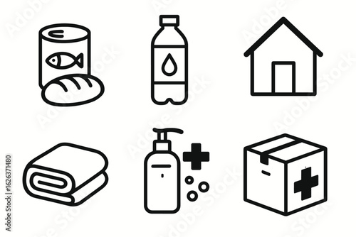 Essential emergency supplies icons: food, water, shelter, and medical aid symbols