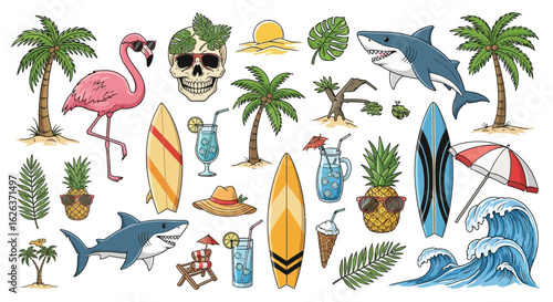 Vector SVG Illustration of Tropical Beach Scene with Palm Trees Surfboards Flamingo Shark and Ocean Waves in Flat Design Style