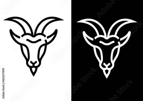 Minimalist goat head line art logo design. Symmetrical ram or ibex symbol for a creative brand identity logo.