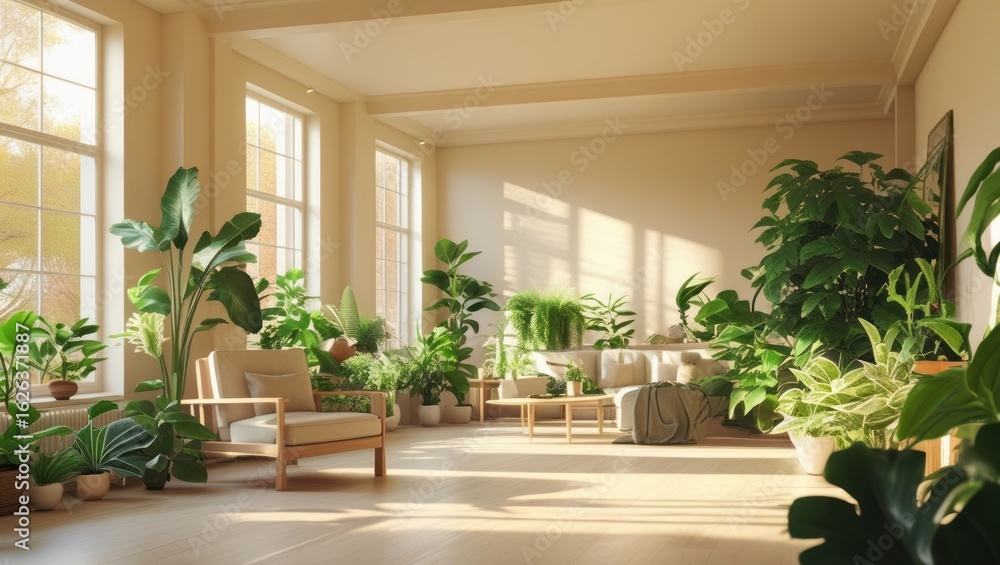 Fototapeta premium A sun-drenched living room filled with lush greenery and natural light.