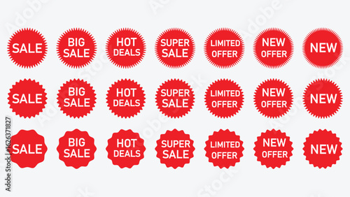 Special offer icon collection, sale stickers, red price label, discount sticker pack. Flat vector sale tags, Sale tag icon set, price sticker, sunburst starburst badges, retail promo symbols