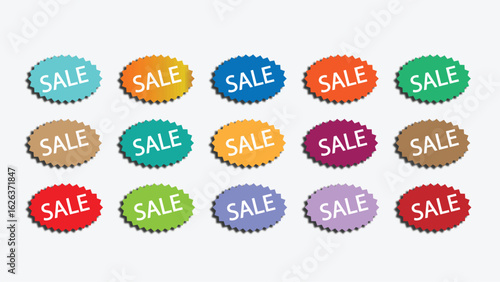 Starburst sticker and price label set. Sale stickers, red price label, discount sticker pack, Sunburst discount icons, red promo badge collection, round special offer tags, flat design sale symbols