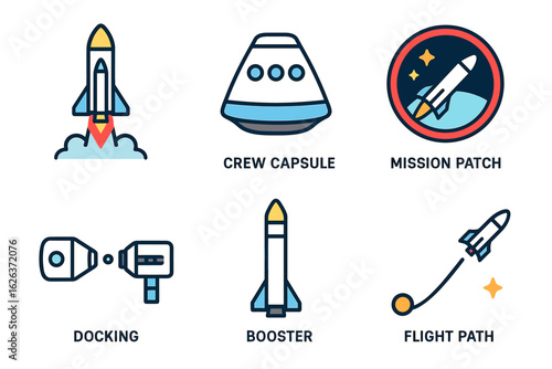 Space exploration icons: rocket, crew capsule, mission patch, docking, booster, flight path