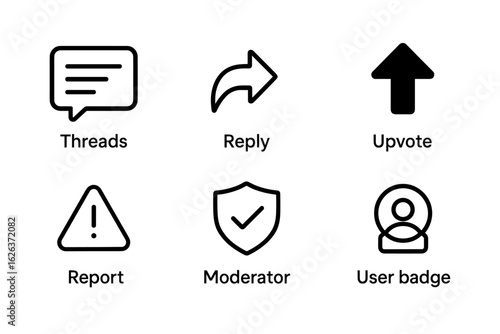 Simple black icons set: threads, reply, upvote, report, moderator, user badge
