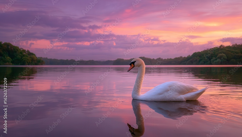 Fototapeta premium A serene and beautiful scene of an elegant swan gracefully gliding on the calm waters, with a backdrop of a pastel purple sky at sunset. The tranquil lake reflects the soft hues of.