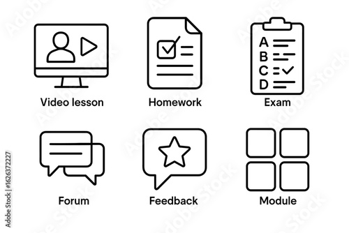Online learning elements: video, homework, exam, forum, feedback, module icons