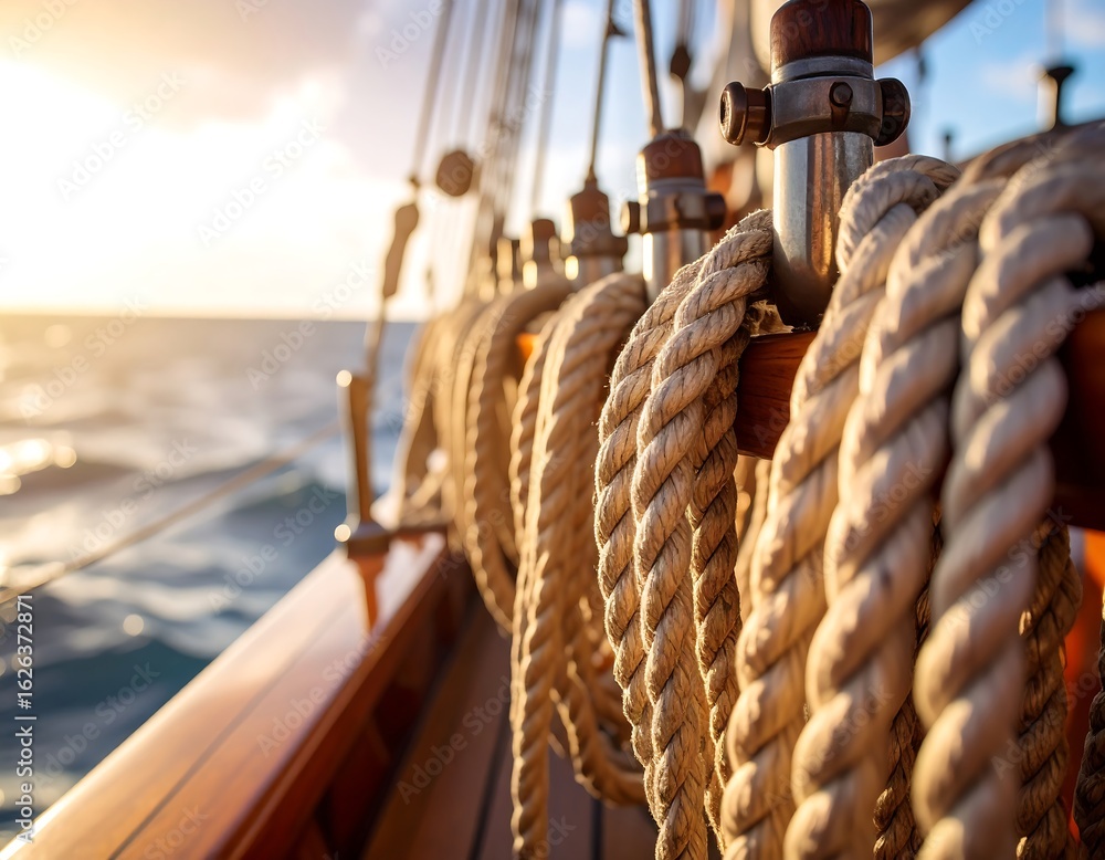 Obraz premium Maritime journey: Close-up of ropes on a sailing ship under sunset light