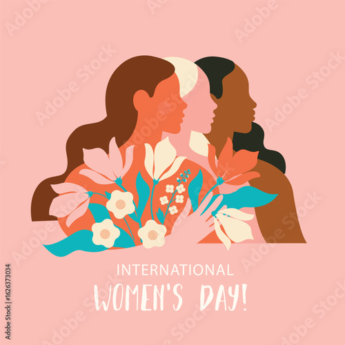 International Women's Day banner. Vector illustration in modern flat style of a group of diverse multiracial women with flowers. Isolated on pink background