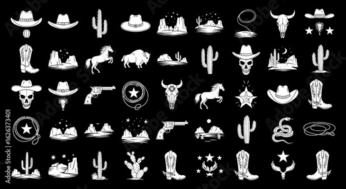Vector SVG Western Cowboy Theme Icons Set with Cactus Horses and Skulls in Flat Line Style for Digital Design