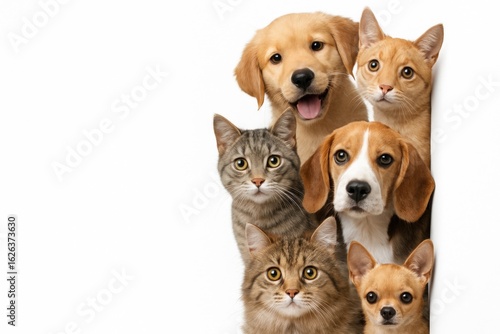 Group of cute cats and dogs peeking from behind a blank sign. Adorable pets including a puppy and kitten together.