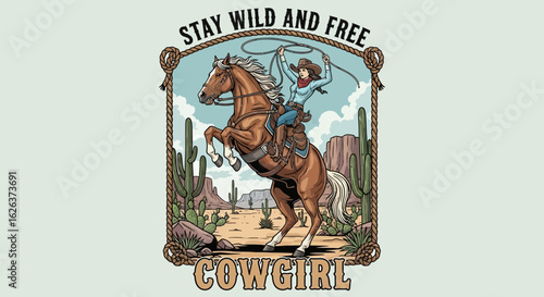 Vector SVG Illustration of Cowgirl Riding Horse in Wild West Style with Western Elements and Earth Tone Colors in Modern Flat Design