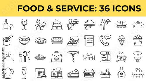 Food and service icon set featuring 36 outlined symbols  