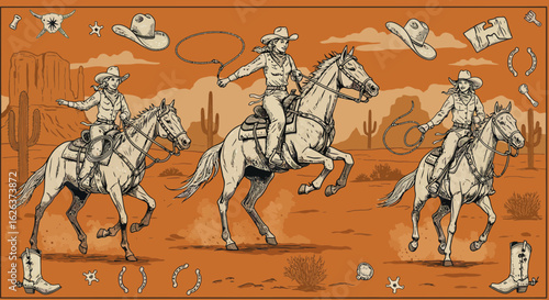 Vintage Western Illustration Vector SVG Design Featuring Cowboys Horses Cacti and Cowboy Hats in Classic Line Art Style