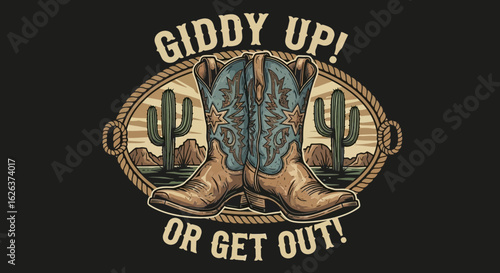 Illustration Vector SVG Design with Cowboy Boots Cacti and Western Theme in Modern Flat Style with Earth Tones