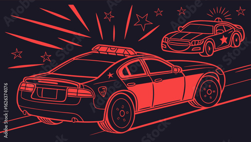 Police car vector illustration with emergency lights and stars in the background for law enforcement use