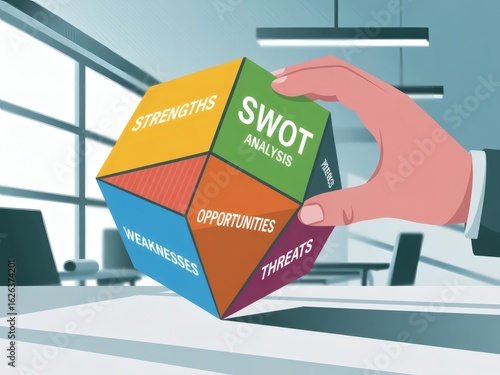 Hand Holding SWOT Analysis Cube: Modern Business Strategy Concept Illustration