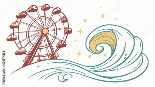 Ferris wheel by the sea illustration summer fun fairground attraction coastal landscape scenic view art