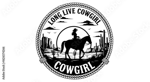 Silhouette Icon Vector SVG Design with Cowgirl on Horse and Western Rope Frame in Minimalist Style for Country Western Branding