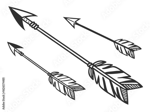 Vintage-style illustration of three stylized arrows in flight. A graphic design featuring three stylized, feathered arrows, in a vintage or retro line art style, against a plain white background. 