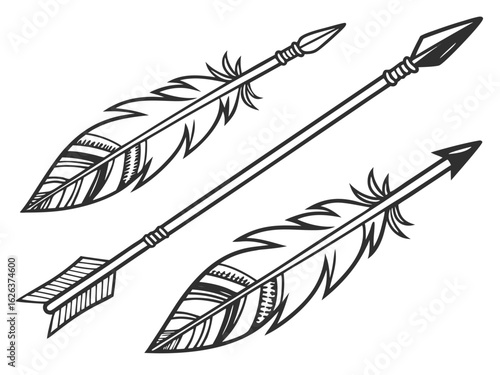 Vintage-style illustration of three stylized arrows in flight. A graphic design featuring three stylized, feathered arrows, in a vintage or retro line art style, against a plain white background. 