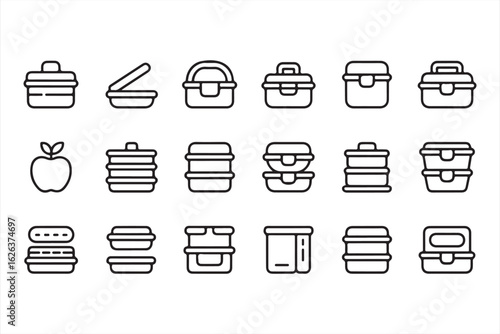 Outline Icons of Food Containers, Bento Boxes, and Lunch Storage Solutions