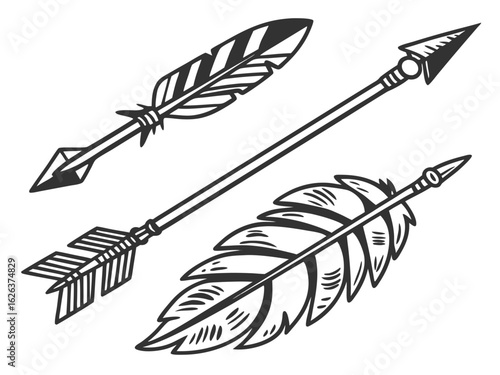 Vintage-style illustration of three stylized arrows in flight. A graphic design featuring three stylized, feathered arrows, in a vintage or retro line art style, against a plain white background. 