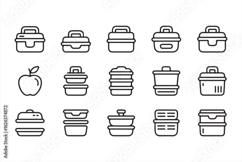 Collection of Bento Box, Lunchbox, and Food Container Designs in Outline Style