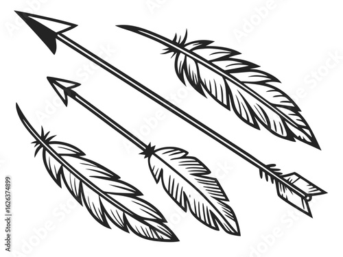 Vintage-style illustration of three stylized arrows in flight. A graphic design featuring three stylized, feathered arrows, in a vintage or retro line art style, against a plain white background. 
