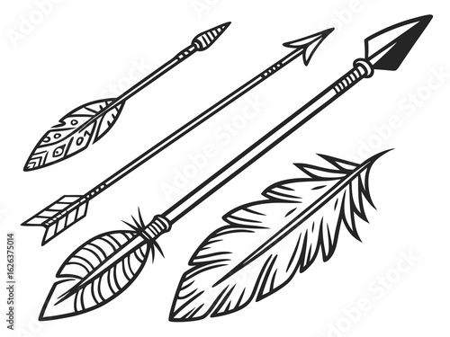 Vintage-style illustration of three stylized arrows in flight. A graphic design featuring three stylized, feathered arrows, in a vintage or retro line art style, against a plain white background. 