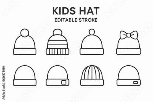 Kids' hat vector icons set: beanies and winter caps with bow designs