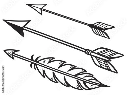 Vintage-style illustration of three stylized arrows in flight. A graphic design featuring three stylized, feathered arrows, in a vintage or retro line art style, against a plain white background. 