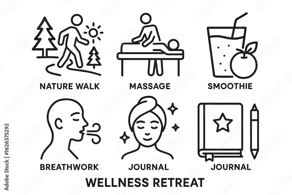 Wellness retreat icons: nature walk, massage, smoothie, breathwork, journal Wellness retreat icons: nature walk, massage, smoothie, breathwork, journal