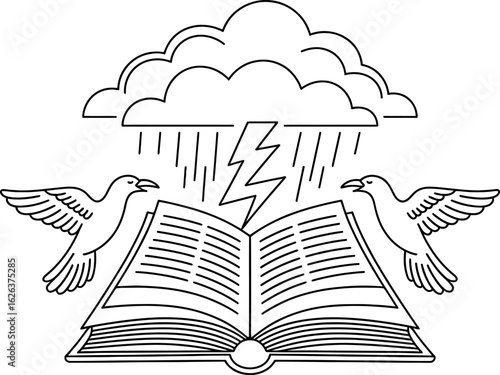Open book with birds and stormy clouds flying