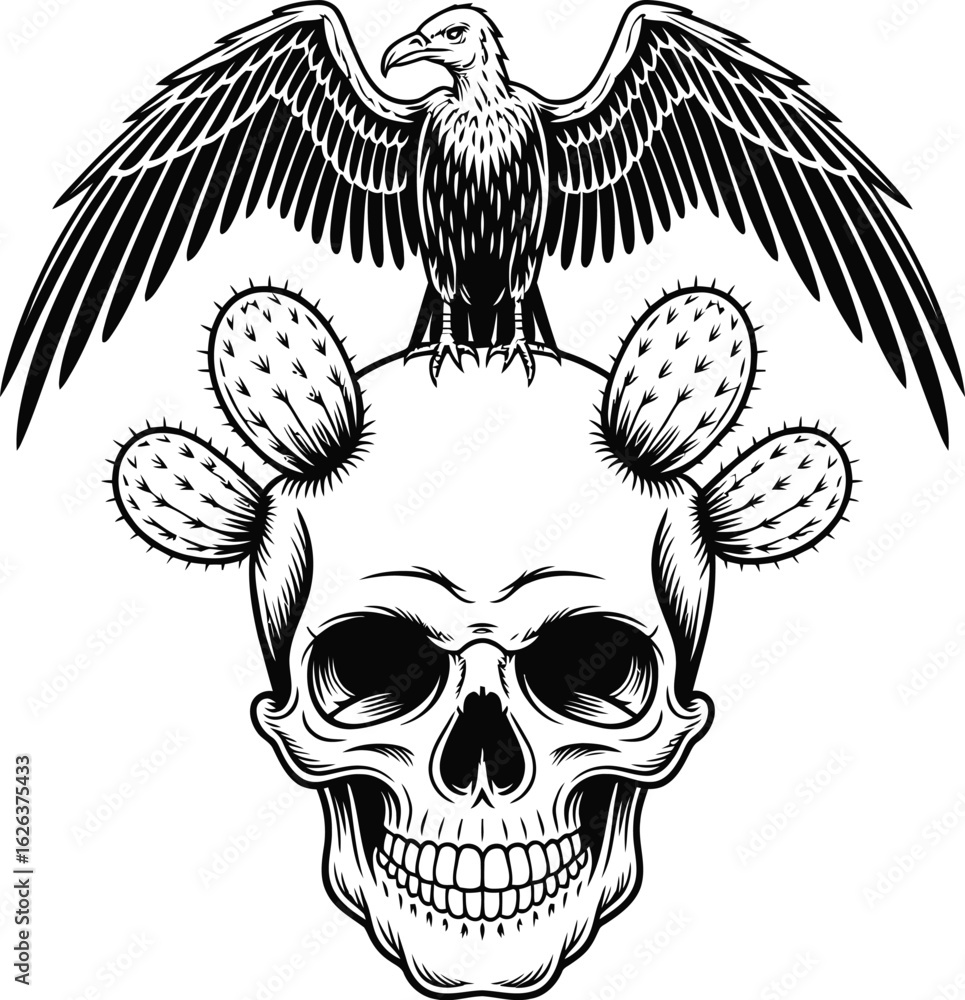 Obraz premium Vulture perched on skull with cacti bird human skull