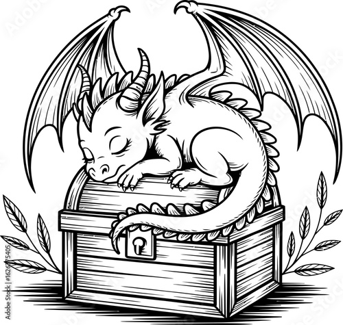 Baby dragon sleeping on a treasure chest mythical creature