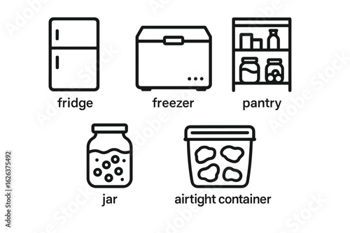 Kitchen storage icons: fridge, freezer, pantry, jar, airtight container line art