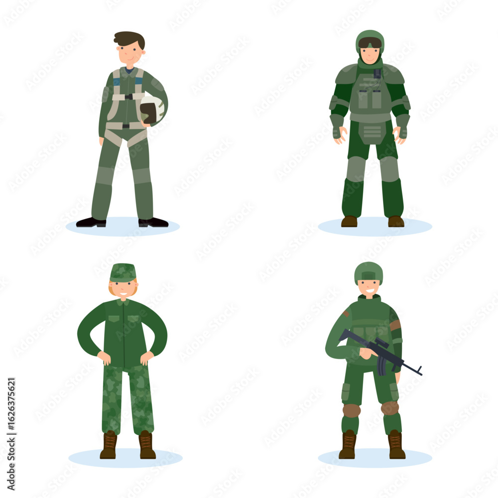 Fototapeta premium Various military personnel and pilot character design vectors set