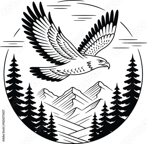 Eagle flying over mountains and pine trees hawk bird