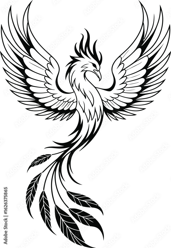 Obraz premium Black and white phoenix with spread wings and long tail feathers