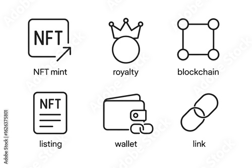 Minimalist icons for nft minting, royalty, blockchain, listing, wallet, and links