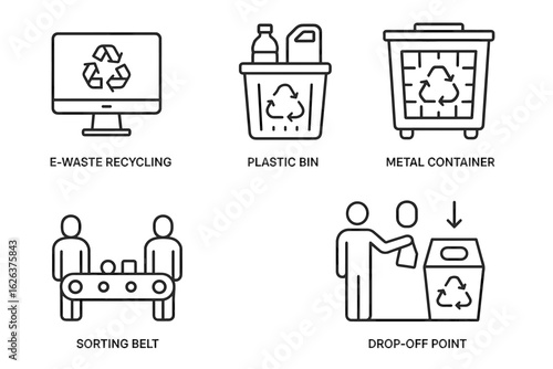 E-waste recycling and disposal icons: plastic bin, metal container, sorting belt, drop-off point