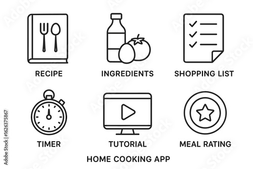 Home cooking app icons: recipe, ingredients, shopping, timer, tutorial, rating