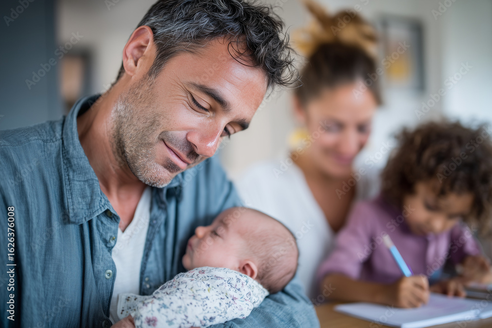 Obraz premium father holding newborn while mother helps older child with homework, family balance,