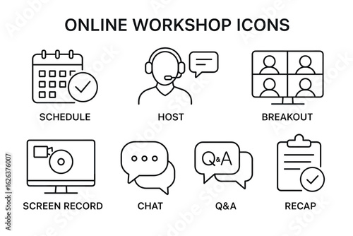 Online workshop essential icons: schedule, host, breakout, screen record, chat, q&a, recap