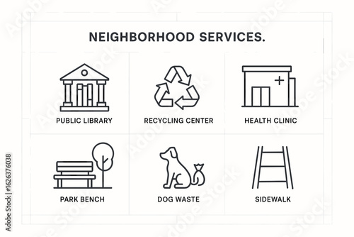 Neighborhood services icons: library, recycling, clinic, bench, dog waste, sidewalk