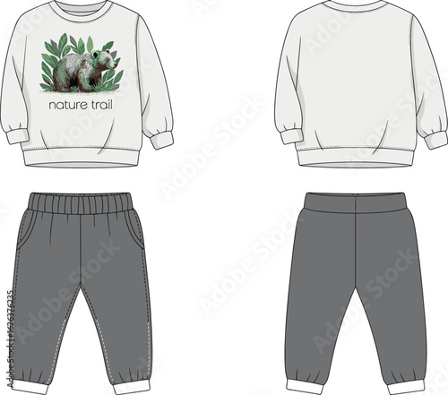 Cute grizzly bear nature trail graphic sweatshirt and joggers outfit set, comfortable unisex toddler clothes, casual loungewear fashion for kids, adobe stock.